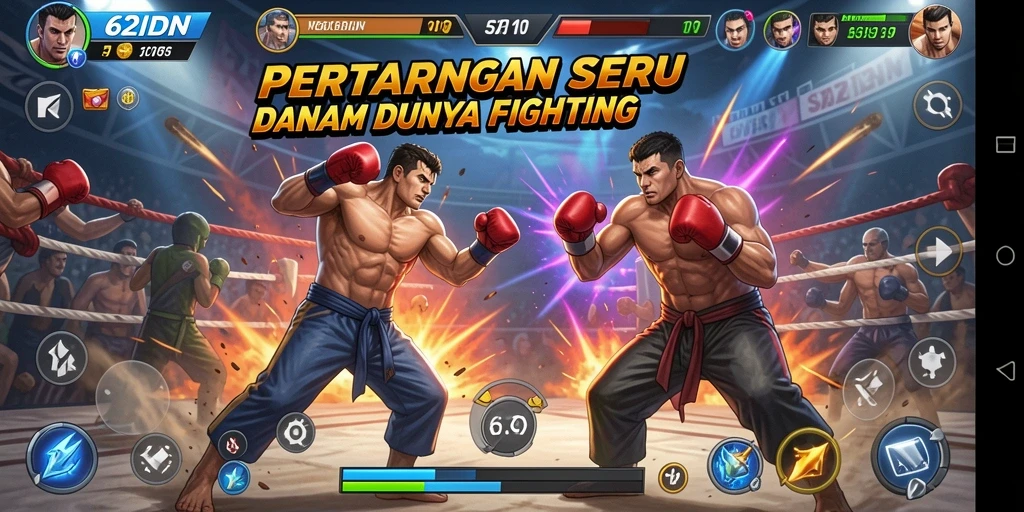 Gambar menampilkan pertarungan intens di arena 62IDN dengan karakter yang beraksi.