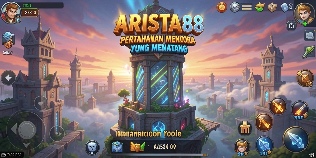 Screenshot gameplay ARISTA88 dengan tampilan menara yang beragam.