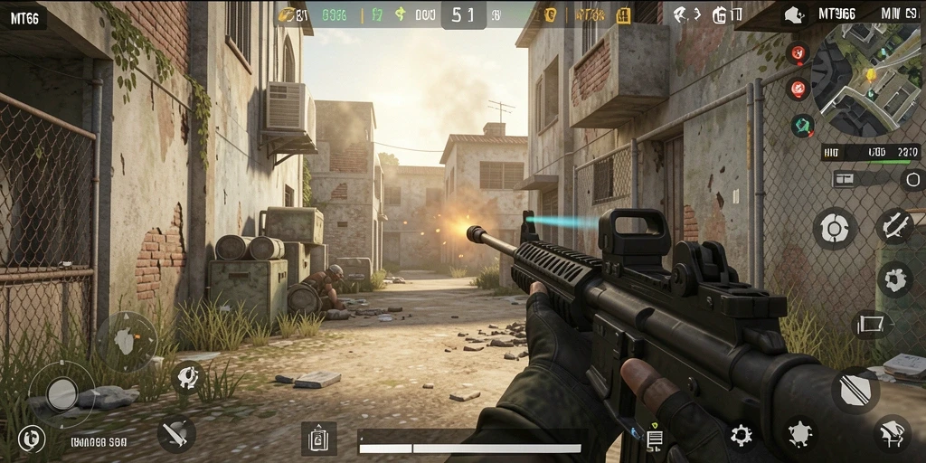 Tampilan gameplay seru dalam MT966 dengan aksi menembak yang intens.