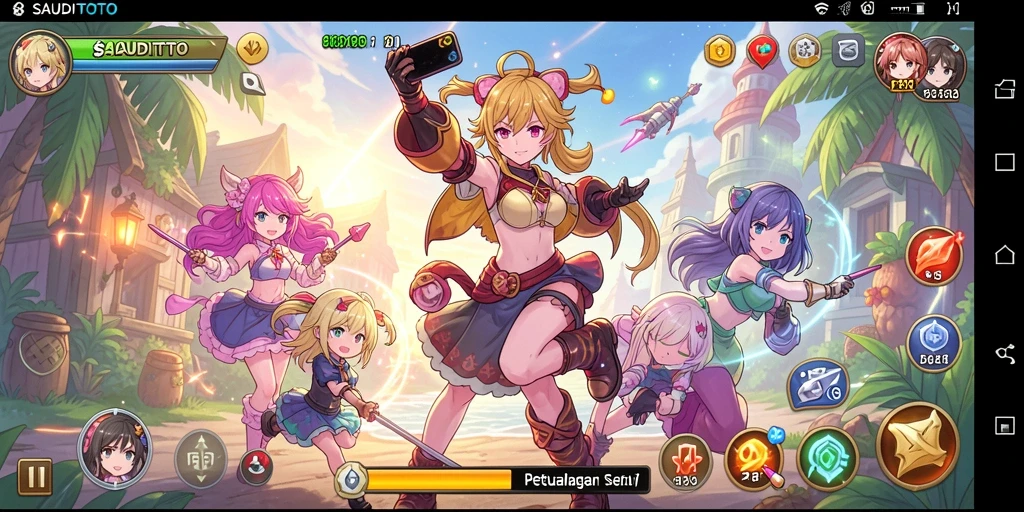 Tangkapan layar utama gameplay SAUDITOTO yang menampilkan karakter anime yang beraksi.